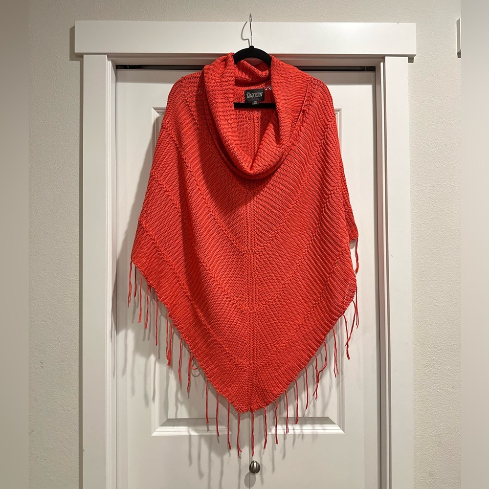 Fringed Coral Knit Poncho Cape/ Shawl